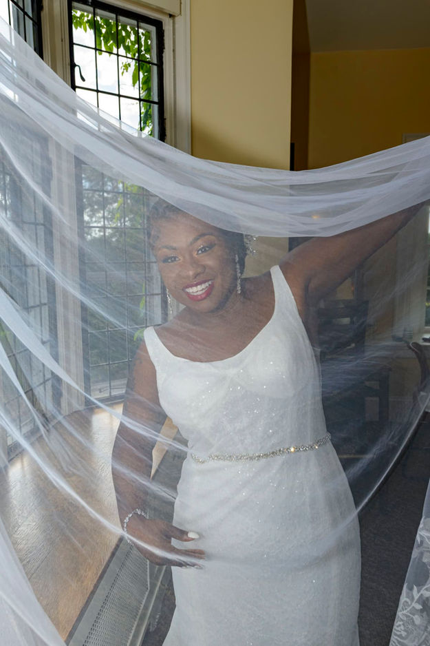 Bride seen through her sheer wedding veil