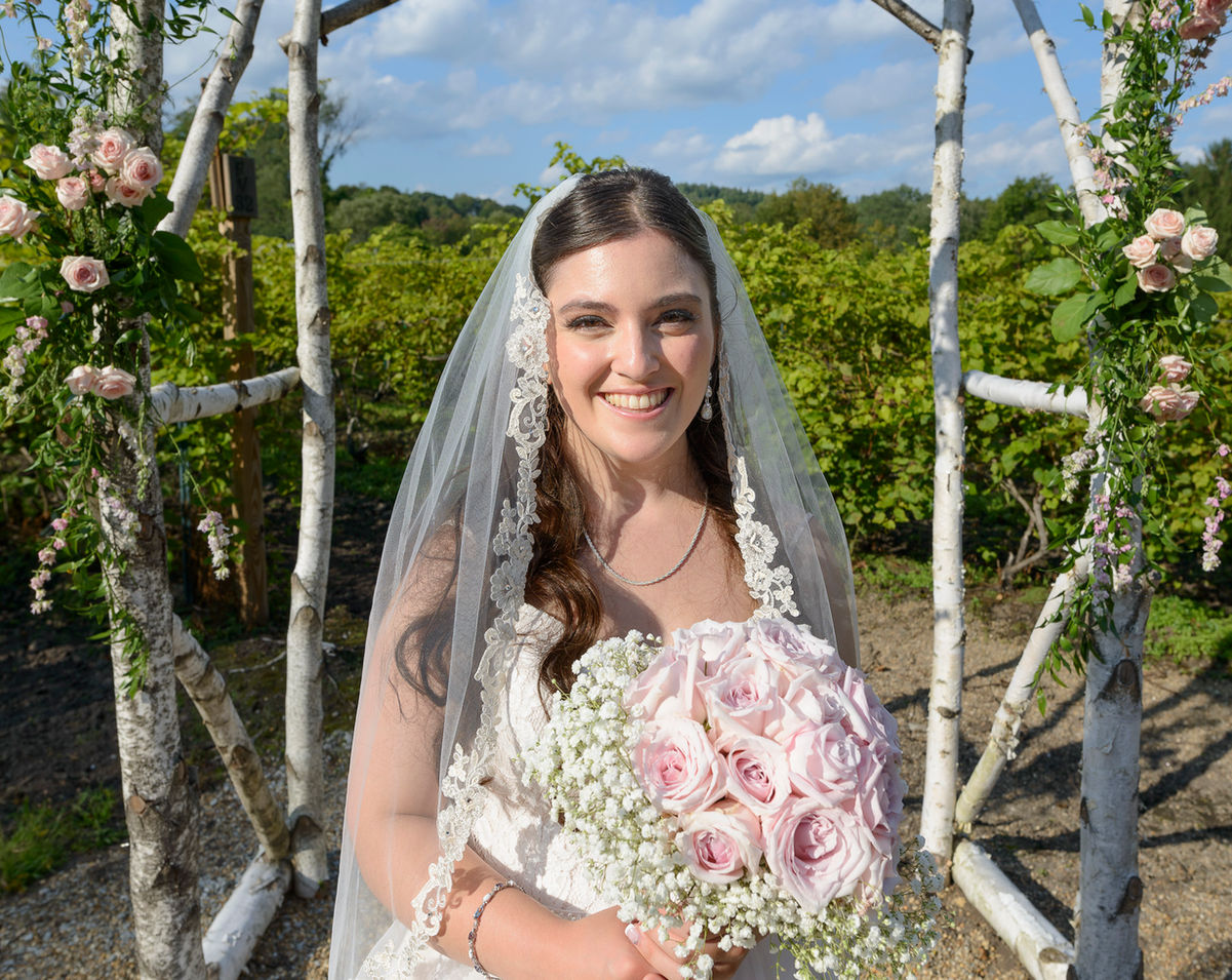 A radiant bride stands under a birchwood wedding arch adorned with pink roses and greenery, holding a bouquet of pale pink roses and baby's breath. She is wearing a lace wedding gown with a delicate veil and sparkling earrings, smiling brightly against the backdrop of a sunny vineyard and blue sky.