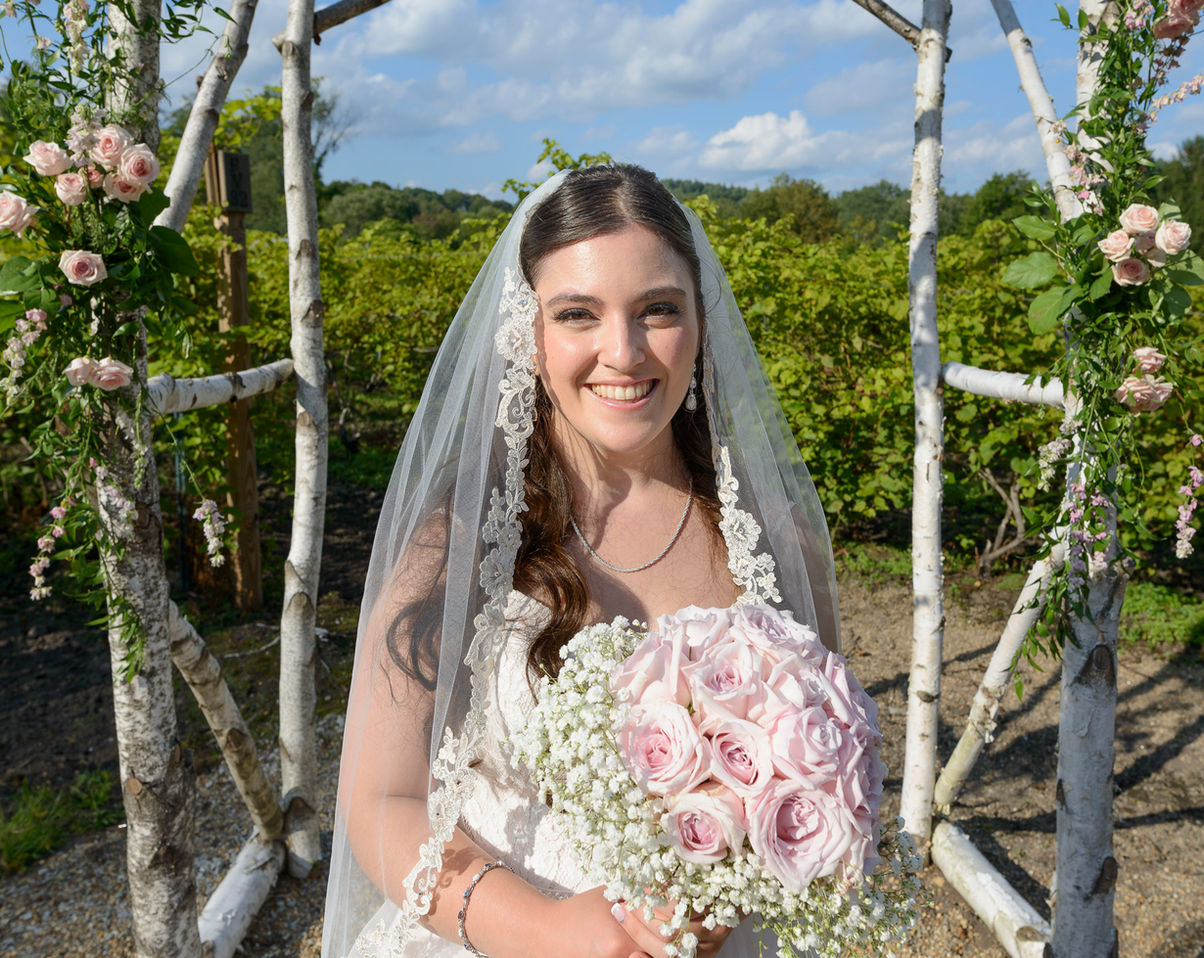 A radiant bride stands under a birchwood wedding arch adorned with pink roses and greenery, holding a bouquet of pale pink roses and baby's breath. She is wearing a lace wedding gown with a delicate veil and sparkling earrings, smiling brightly against the backdrop of a sunny vineyard and blue sky.