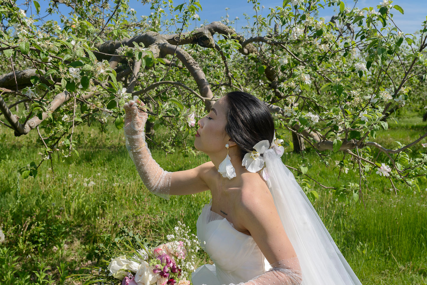 Bride in an apple blossom orchard gently touching a blooming branch while leaning in to admire the flowers. She wears sheer polka-dot gloves, a white gown, and a veil adorned with orchids, holding a pastel bouquet. The lush greenery and blossoms create a romantic and serene setting under a clear blue sky.