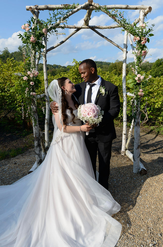 The bride and groom share a tender moment under a birchwood wedding arch adorned with pink roses and greenery. The bride gazes lovingly at the groom while holding a bouquet of pale pink roses and baby's breath. She wears a flowing white gown and veil, and the groom, dressed in a black suit with a white boutonniere, smiles warmly. The vibrant vineyard and blue sky create a romantic backdrop.