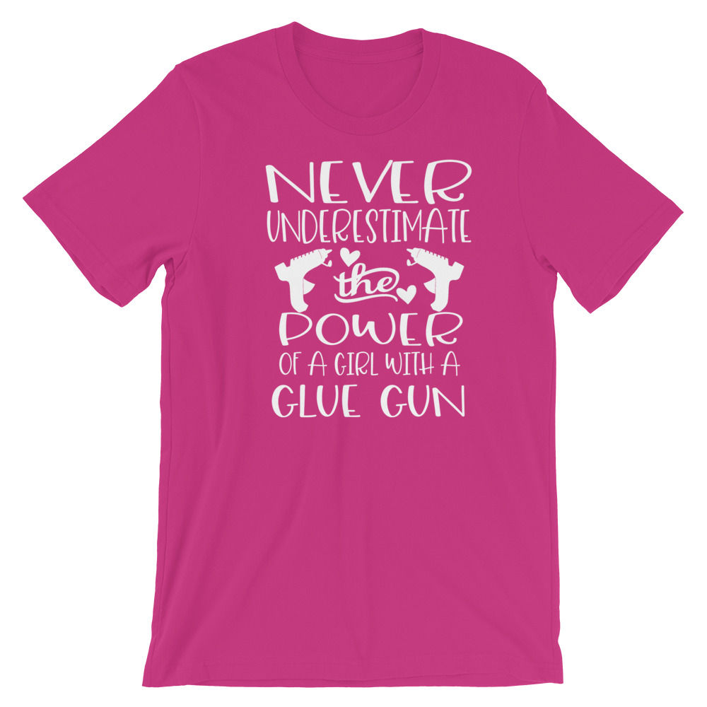 Never Underestimate Girl with a Glue Gun Shirt, Pink w/white, Wreath Shirt