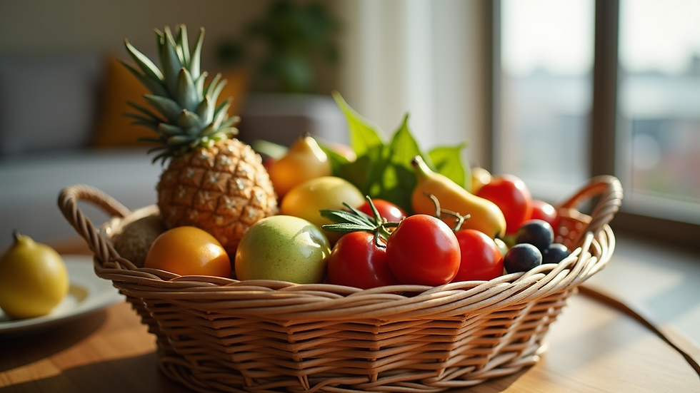 Close-up view of a well-arranged welcome basket in a luxury rental