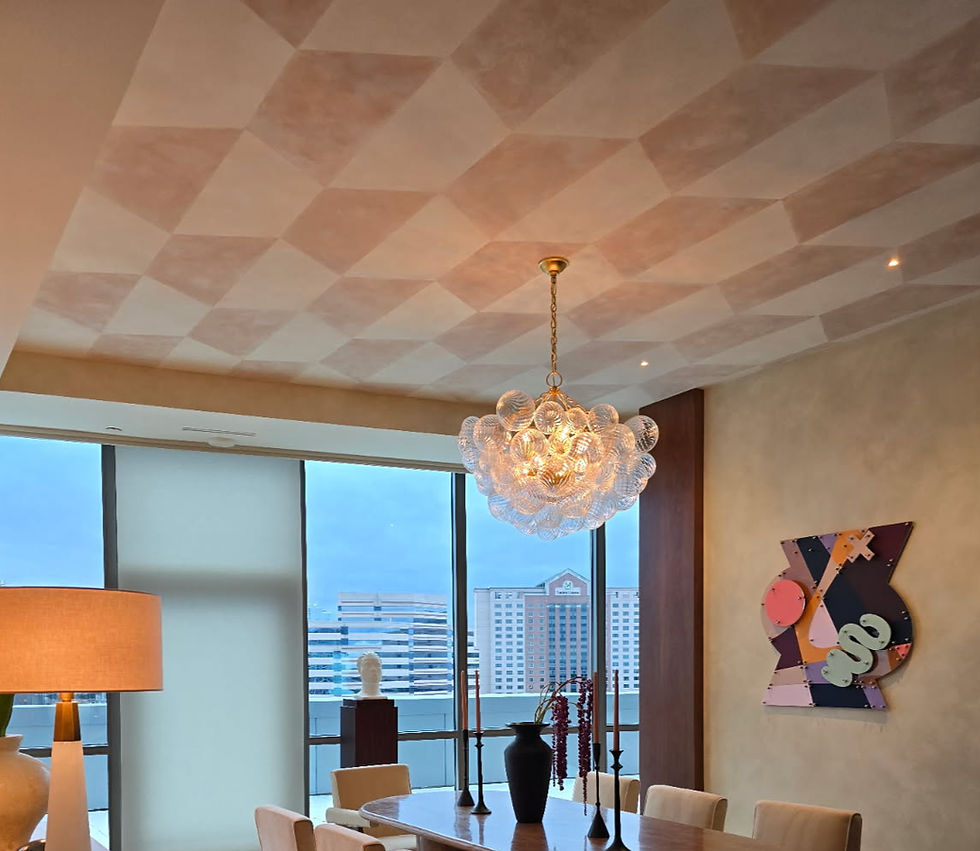 Elegant dining room with a modern chandelier, abstract wall art, and large windows overlooking cityscapes. Warm, sophisticated ambiance.