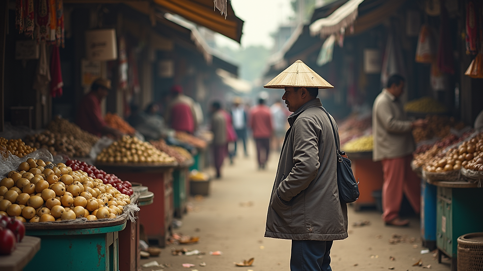 Eye-level view of a bustling local market in Indonesia