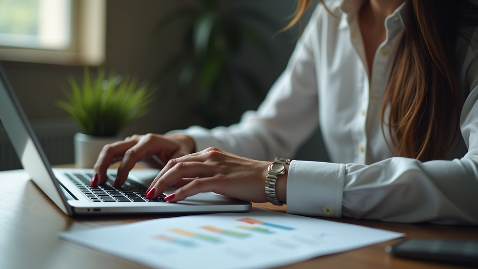 Eye-level view of a woman reviewing her investment portfolio on a laptop
