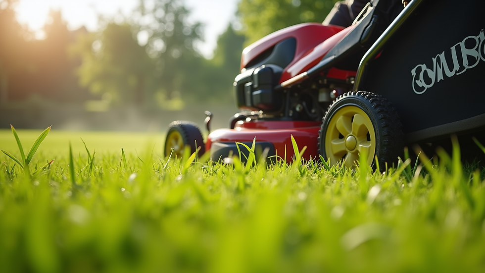 Close-up view of a lawn mower cutting green grass on a sunny day
