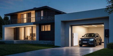 a car is parked in front of a house with a solar panel in the garage