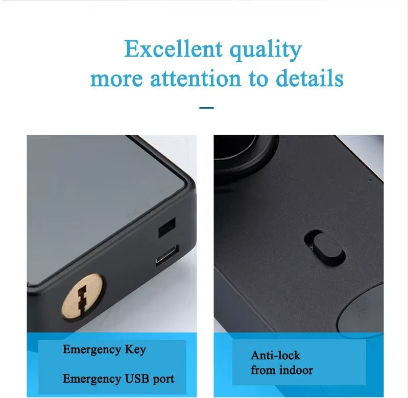 Lock features: emergency key, USB port, auto-lock.