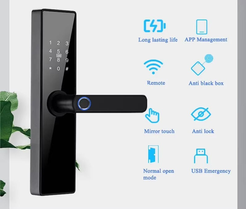 Smart lock with touchscreen and feature icons displayed.