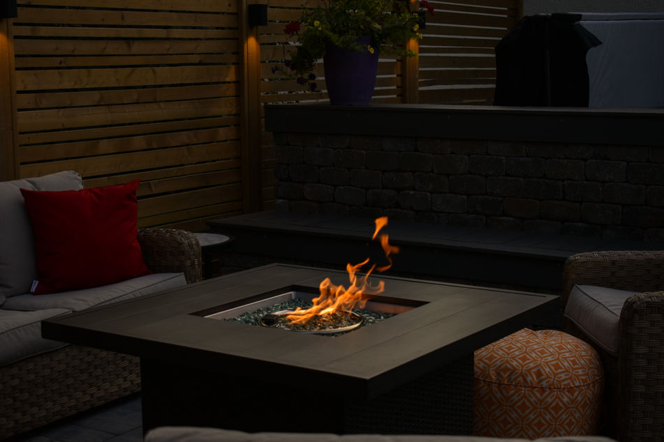 gas fire feature, night landscape design, outdoor entertainment