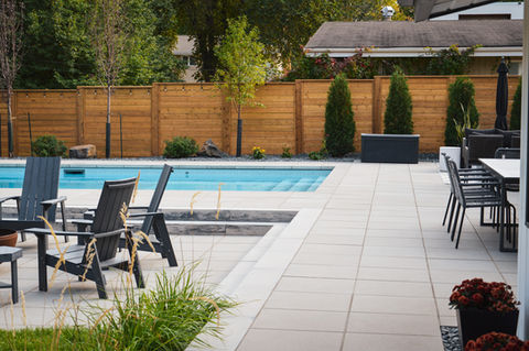 pool patio design, modern design, multi level patio design, custom design features