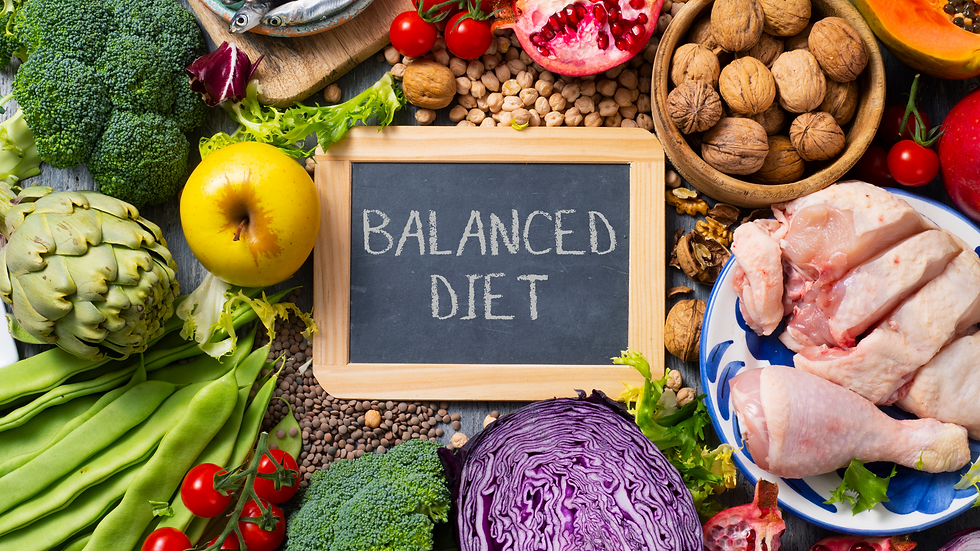 An assortment of foods around a small chalkboard with the words "Balanced Diet" written across.