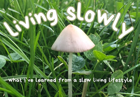 A white mushroom peaking up between blades of grass and clover. Titled "living slowly" with the caption "what I've learned from a slow living lifestyle".