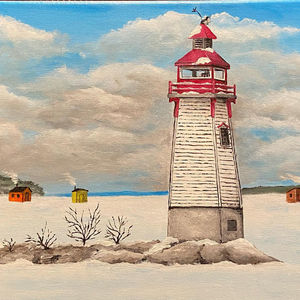 Jackson's Point Lighthouse with Fishing Huts on Lake Simcoe