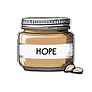 A very simple single colour line drawing of a jar of peanut butter. with the word hope on