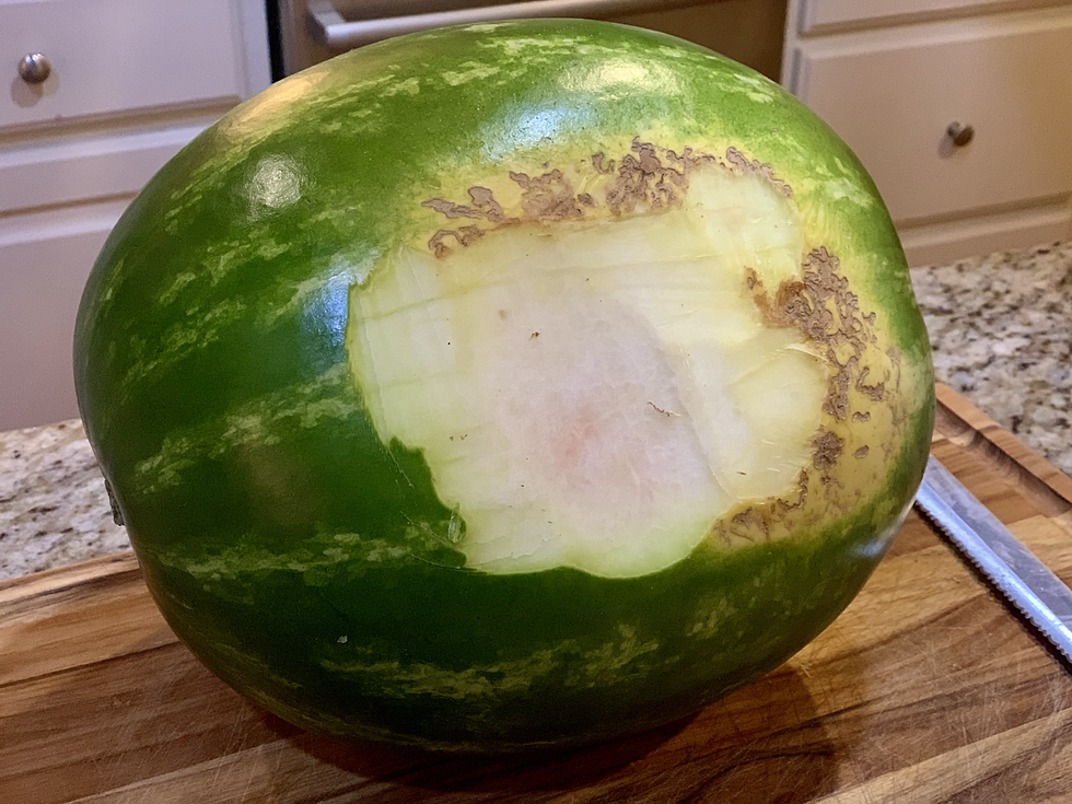 slicing a piece off the bottom of watermelon