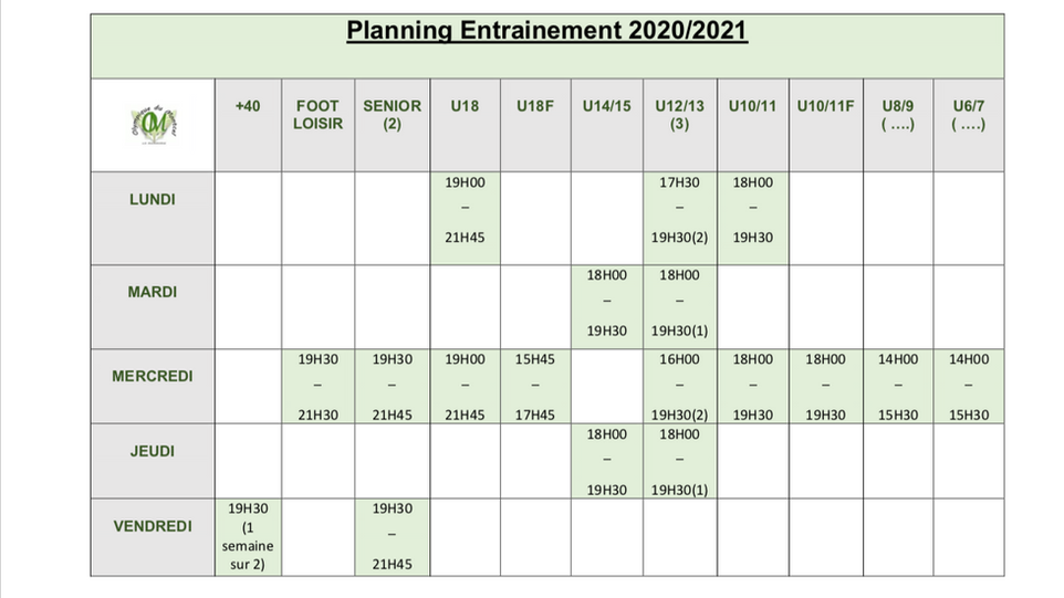 Planning Horaire Entrainement