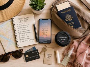 Solo travel preparation flat lay with passport, crossbody bag, travel checklist, smartphone, map, credit cards, sunglasses, keys, and other travel essentials.