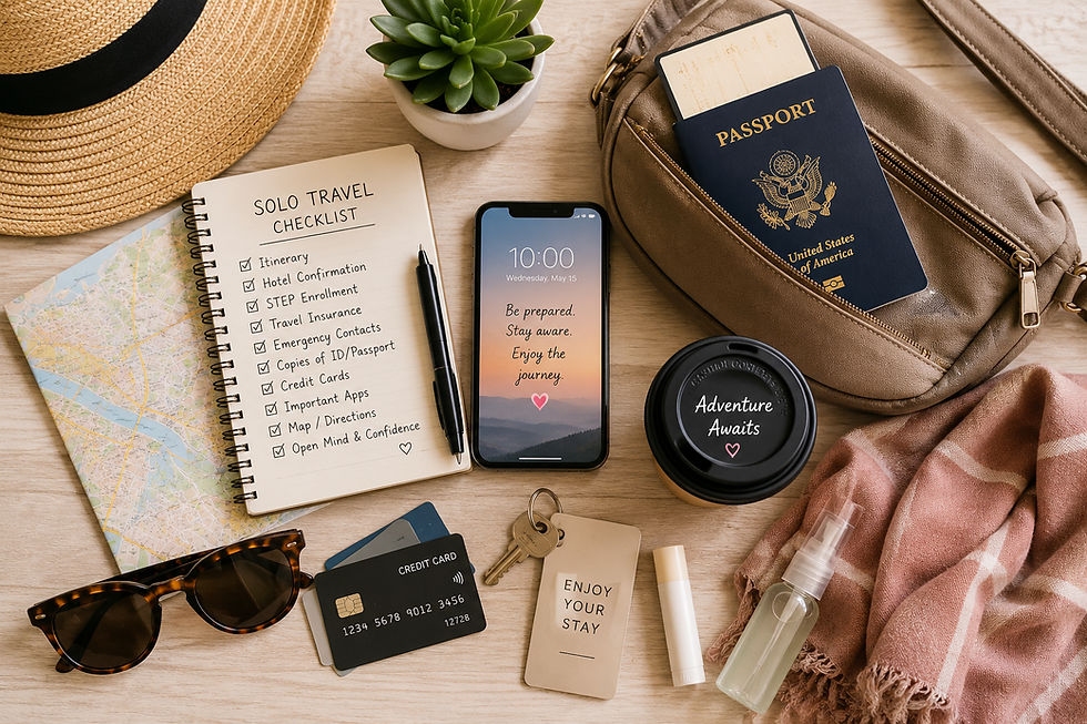 Solo travel preparation flat lay with passport, crossbody bag, travel checklist, smartphone, map, credit cards, sunglasses, keys, and other travel essentials.