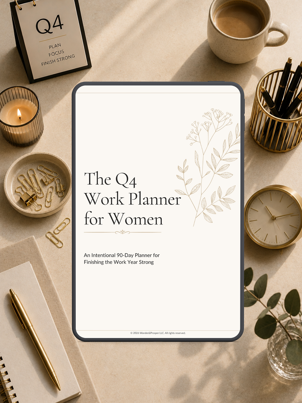 Q4 Work Planner for Women displayed on a sunlit desktop with a Q4 planning calendar, coffee, clock, office supplies, and gold accents.