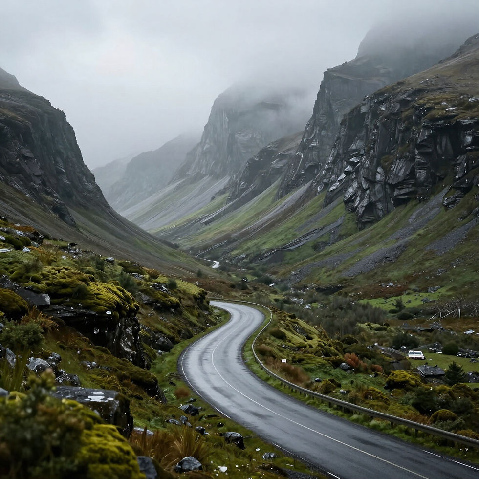 Winding road through a dramatic mountain valley surrounded by rocky cliffs and mist-covered peaks.