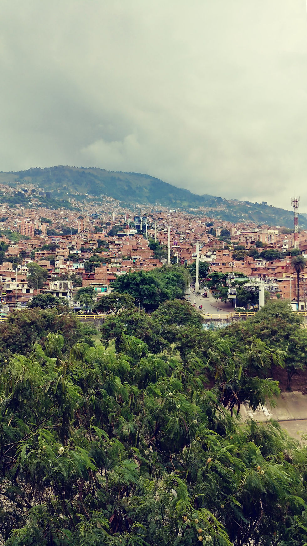 Hillside neighborhoods of Medellín, Colombia, with cable cars traveling above lush green trees beneath a cloudy sky.