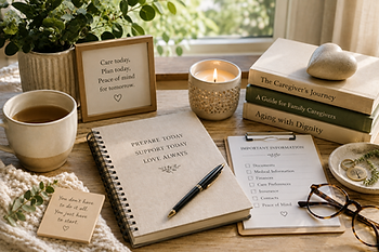 Warm caregiving planning scene with notebook, important information checklist, tea, candle, books, glasses, plant, and comforting home accents.