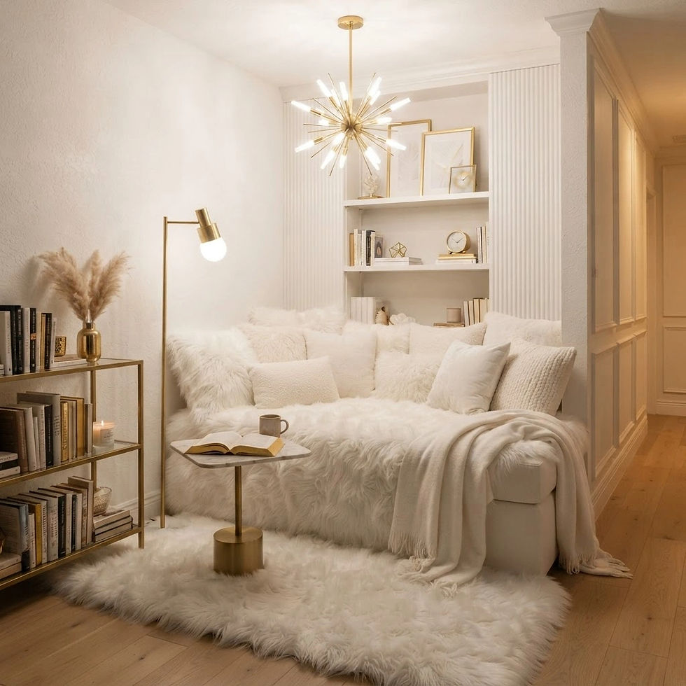 white and gold trendy modern reading nook in a home with no person and no windows and fury