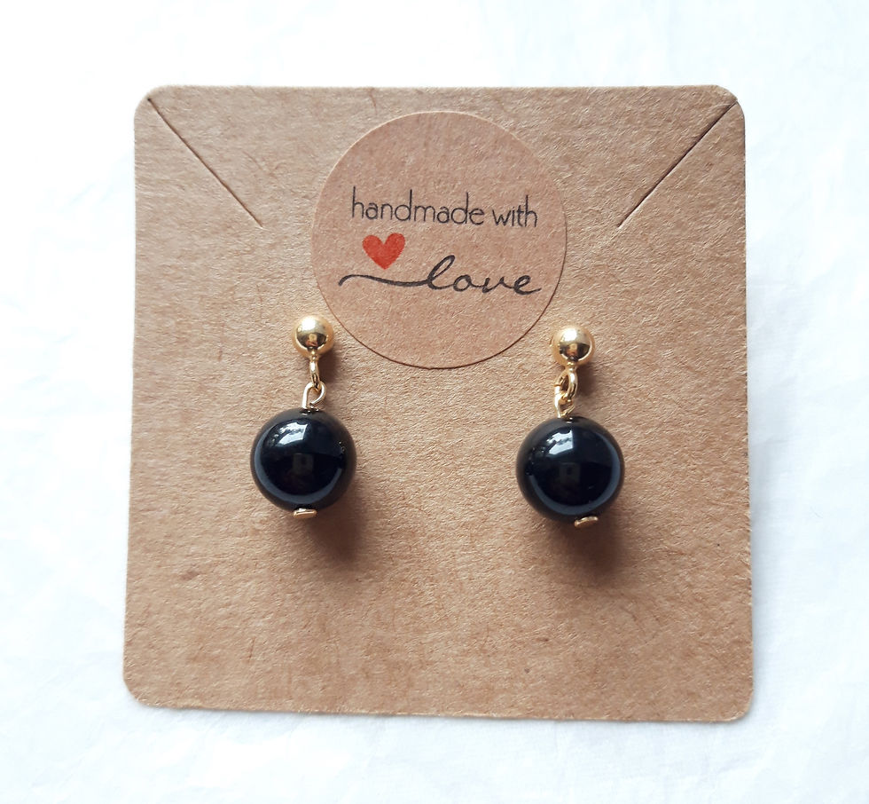 Miniature : Boucles d'oreilles artisanales, perles obsidienne noire et clous argent 925 doré à l'or fin 