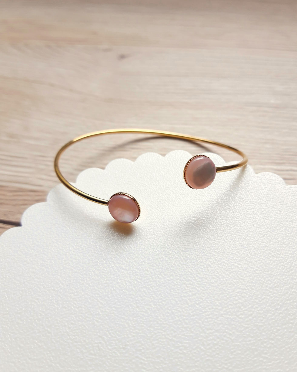 Bracelet jonc Nacre naturelle rose en acier inoxydable doré