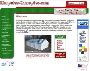 Screenshot of Harpster-Canopies.com with a green menu, search box, and photo of a striped canopy tent in a yard.