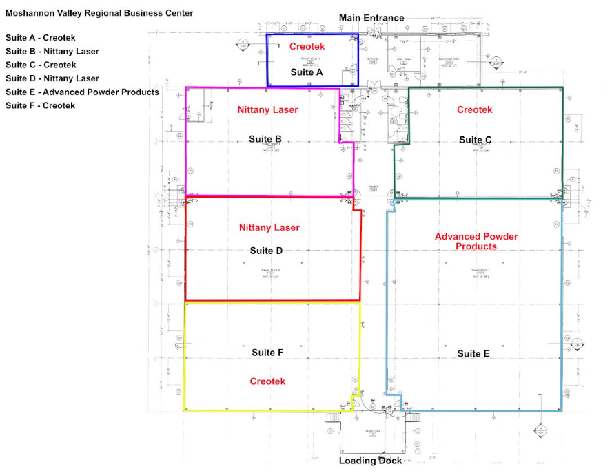 Floor plan of Moshannon Valley Regional Business Center showing suites A through F.