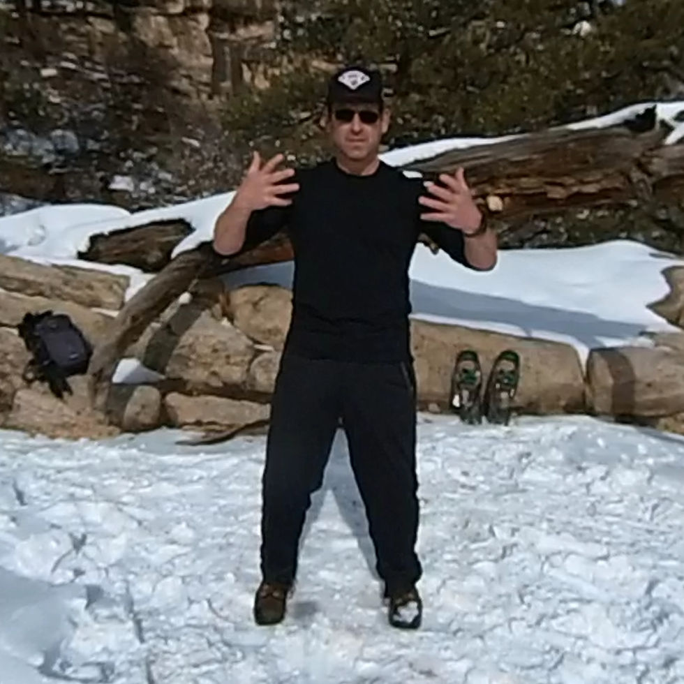 Man in black clothing gestures with hands in snowy landscape. Pine trees and rocks in background. Snowshoes and backpack visible nearby.