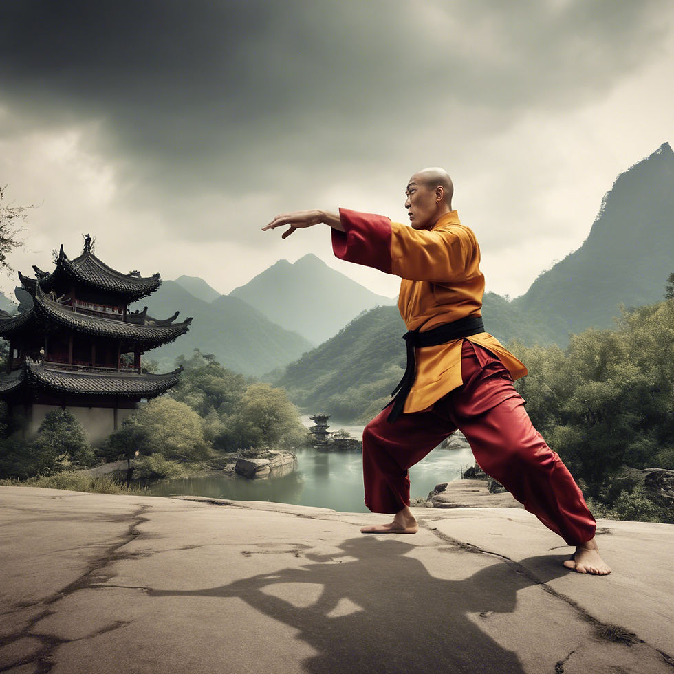 Martial artist in a yellow and red robe practices tai chi on a stone platform. Traditional pagoda and misty mountains in the background.