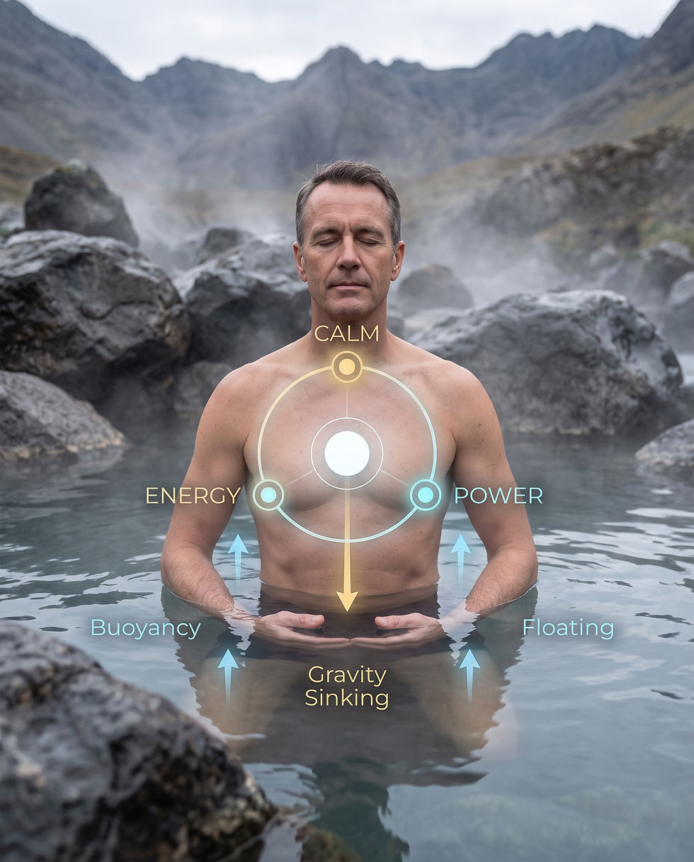 Shirtless man meditates in a misty mountain hot spring, with overlay labels CALM, ENERGY, POWER, BUOYANCY and Gravity Sinking.