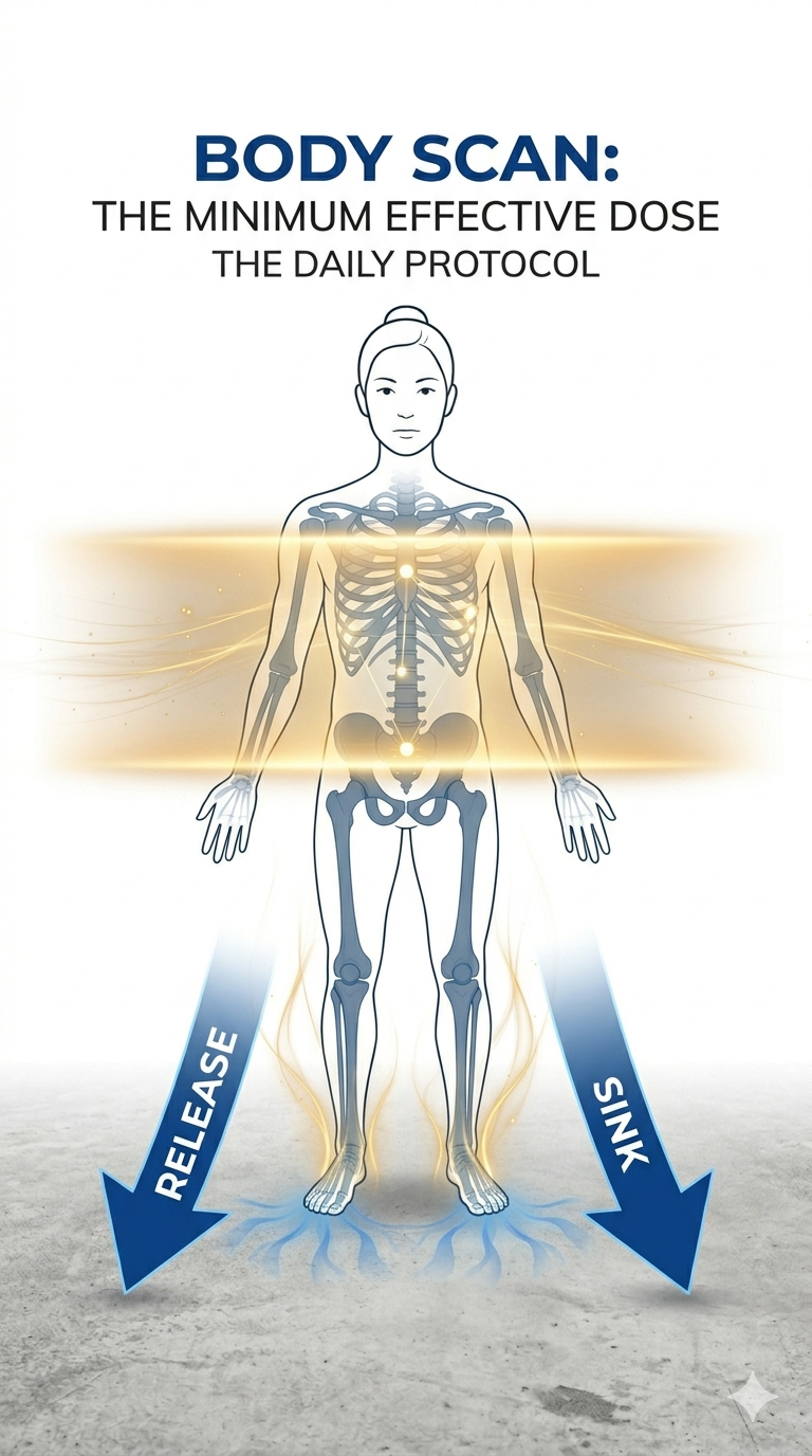 Illustration of a human skeleton with energy waves and arrows labeled "Release" and "Sink." Text reads "Body Scan: The Minimum Effective Dose, The Daily Protocol."
