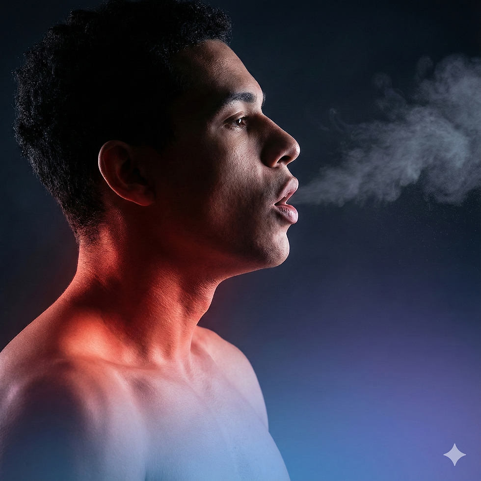 Man exhaling vapor in profile against a dark blue background. Soft red and blue lighting highlights his bare shoulders and serious expression.