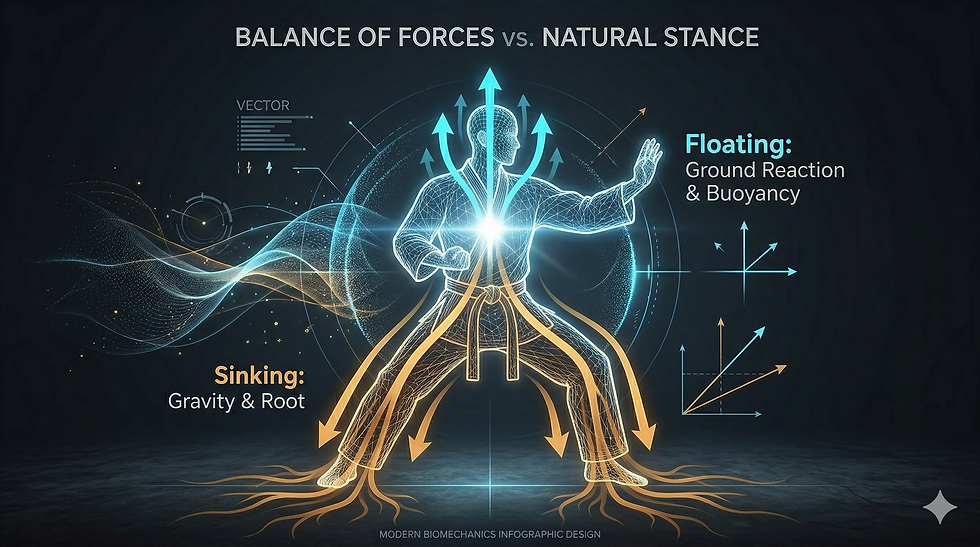 Silhouette in martial stance with glowing arrows and lines, illustrating "Balance of Forces vs. Natural Stance." Blue and gold tones.