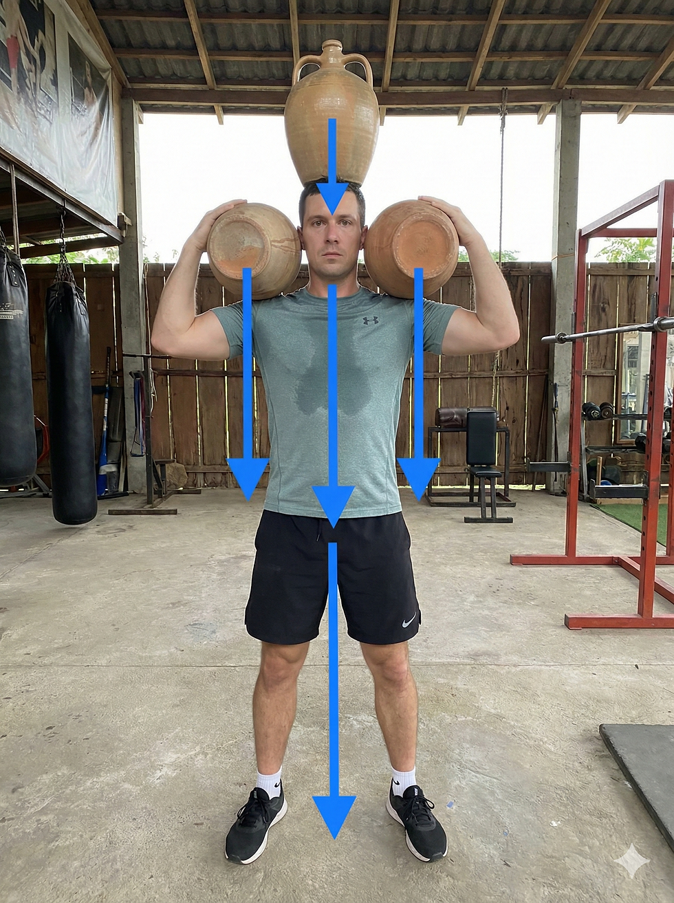 Man balancing three clay pots on head and shoulders in a gym; wears a gray shirt and black shorts. Blue arrows highlight balance.