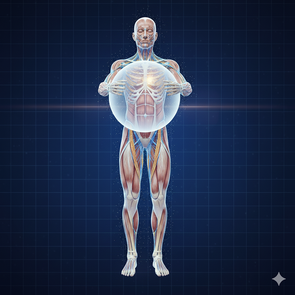 Human anatomy illustration shows muscles and organs visible, holding a glowing sphere. Background is a dark grid pattern, creating a scientific mood.