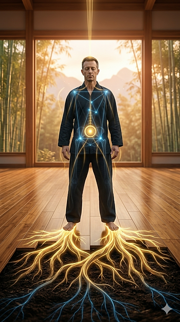 Man in meditation pose with energy lines glowing in a serene room. Wooden floor, bamboo view, mystical roots and beams highlight energy.