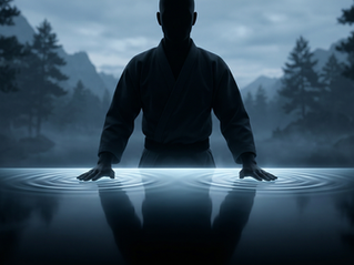 A man rests his hands on still water.