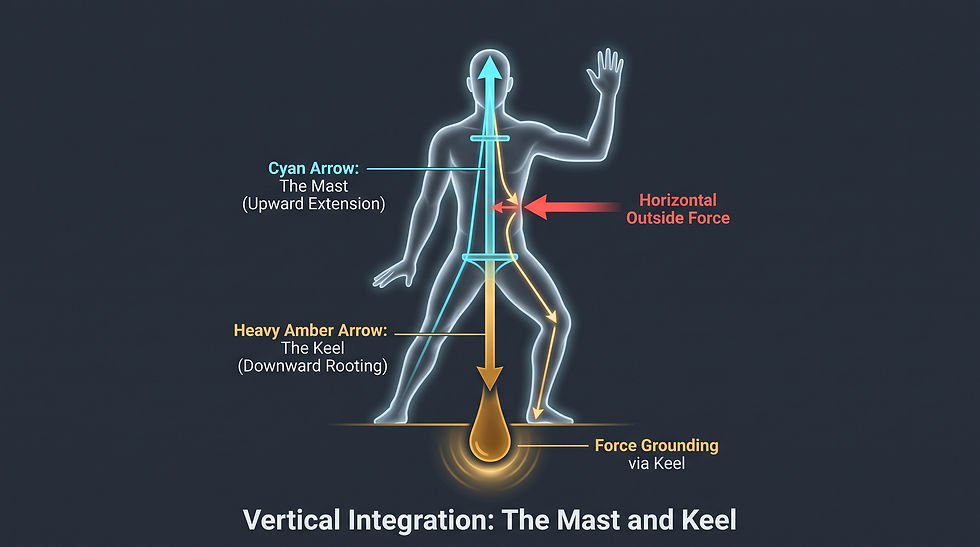 Infographic of a human silhouette with cyan upward arrow, amber downward arrow, and red side force labeled Vertical Integration: The Mast and Keel