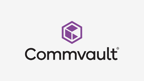 Commvault logo with a purple hexagon and text on a white background