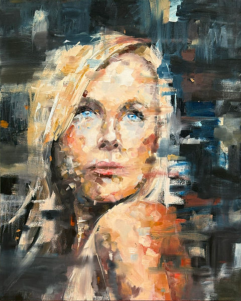A fragmented figurative portrait in oil, with warm orange and cream brushstrokes against a dark blue background.