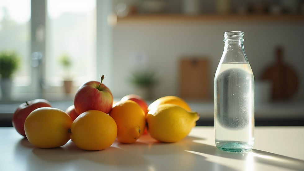 Close-up view of a water bottle and fresh fruits on a kitchen counter