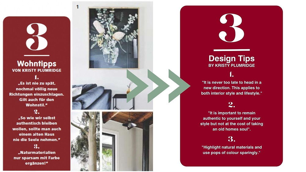 Three design tips in german that Kristy translates into English