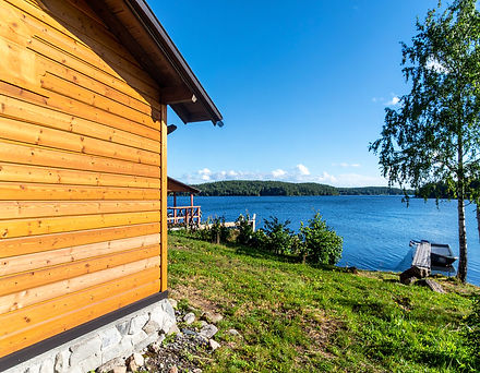 Firefly_a summer house on a bright sunny day with a lake in the background with thin woode