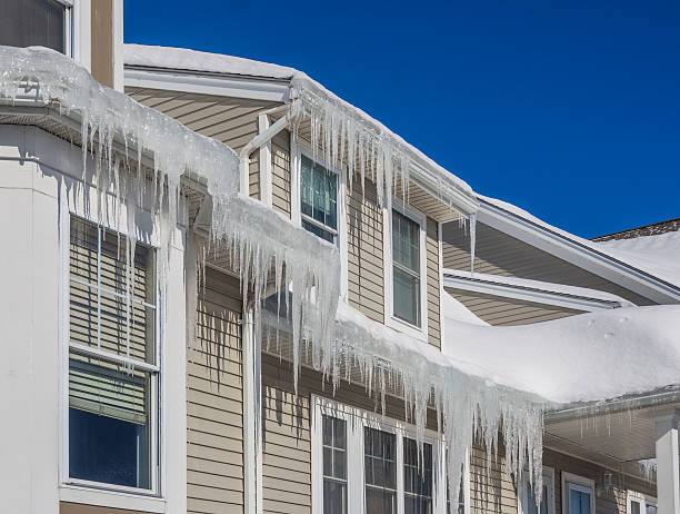 House with icicles hanging from roof, snow-covered, beige siding, and clear blue sky. Cold winter setting with crisp, bright atmosphere.